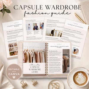 May include: A spiral-bound capsule wardrobe fashion guide with multiple printed pages featuring text, clothing rack photographs, and chapter headings. The guide includes sections on lifestyle evaluation, personal style, and wardrobe assessment, with a gold pen nearby.