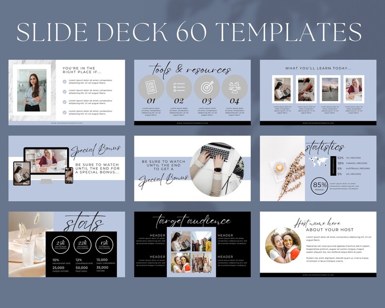 60 Slide Deck Presentation, Canva Presentation Template, Social Media ...