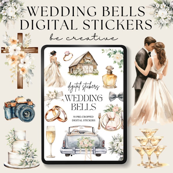 Wedding Bells Digital Planner Stickers, Wedding Day Goodnotes Stickers, Notability Bridal Planner, Ipad Png Stickers, Bride-to-Be Download