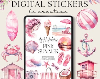 Pegatinas del diario digital de verano rosa, colección de pegatinas oceánicas, conjunto de pegatinas Goodnotes, pegatinas del océano pastel, pegatina del planificador del diario de verano