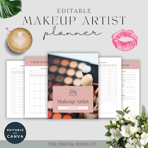 Puede incluir: Un planificador de maquillador con una portada rosa y las palabras "Makeup Artist Planner". La imagen incluye una taza de café, una marca de beso de lápiz labial y un ramo de flores blancas. El planificador es editable con Canva.