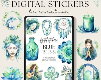 May include: A digital sticker sheet with 50 pre-cropped stickers featuring watercolor illustrations of nature, including a dreamcatcher, a bottle with leaves, a candle, a woman with a guitar, and a woman meditating. The stickers are in shades of blue and green.