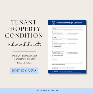 May include: A printable tenant property condition checklist. The document includes sections for general condition, kitchen, bathroom, living and bedrooms, exterior and additional areas, and utilities and safety checks. The document is 8.5 x 11 inches in size.