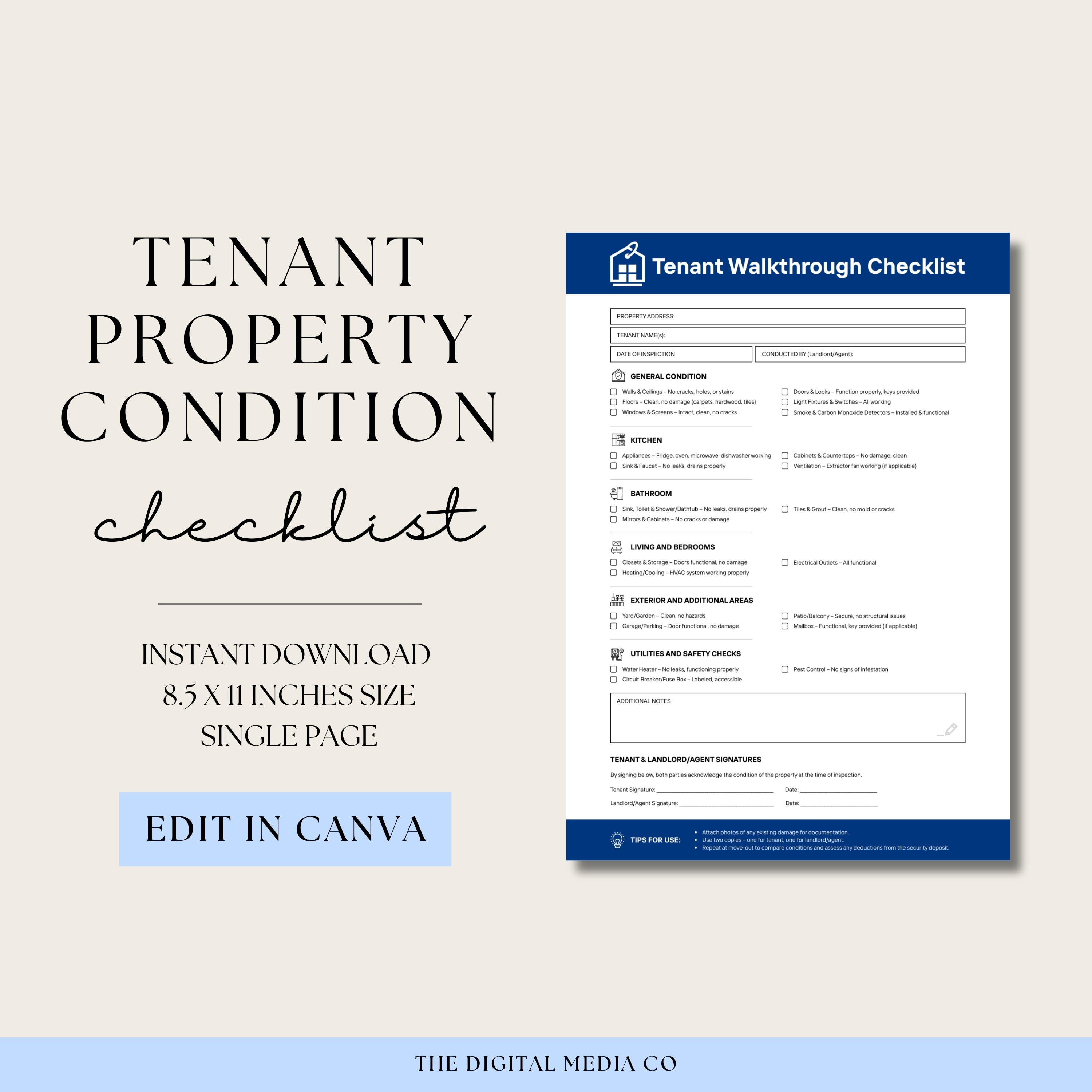 Editable Rental Property Condition Checklist.pdf Tenant Property Condition Checklist | Rental Walkthrough Form ...