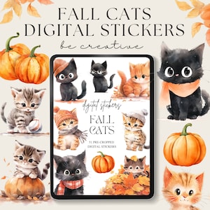 May include: A digital sticker set featuring 51 pre-cropped images of cute cats in fall-themed outfits and settings. The stickers include cats wearing scarves, hats, and pumpkins, as well as pumpkins and fall leaves. The text "digital stickers FALL CATS 51 PRE-CROPPED DIGITAL STICKERS" is displayed on the screen.