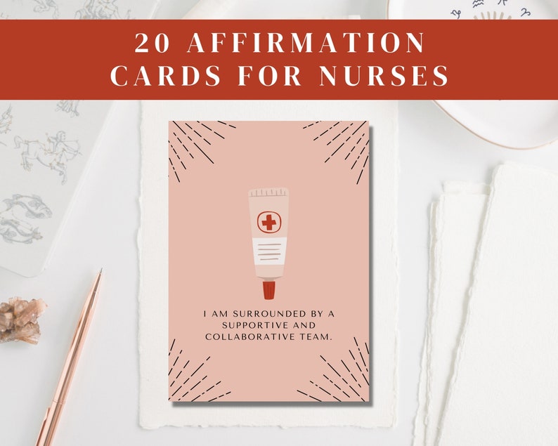 May include: A pink affirmation card with a black and white sunburst design. The card features a red and white tube of ointment with a red cross. The text on the card reads: "I am surrounded by a supportive and collaborative team."