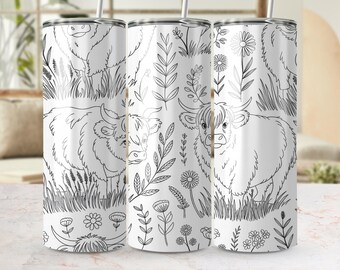 Highland Kuh Digital Tumbler Wrap PNG, niedliches Kuh Tumbler Design, Floral Tumbler Wrap, Farm Animal Tumbler, Färbung Tumbler Vorlage