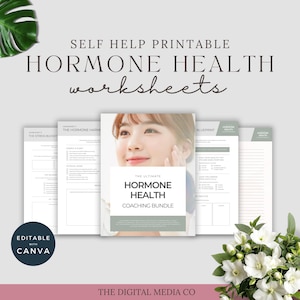May include: A collection of printable worksheets for hormone health, featuring the text "HORMONE HEALTH COACHING BUNDLE." The image includes a woman's face and the words "EDITABLE WITH CANVA."