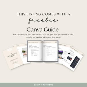 May include: A digital Canva guide with the text "Canva Guide" and "Canva Basics Guide". The image includes an open book and several pages with text and graphics. The text "This listing comes with a freebie" is at the top.