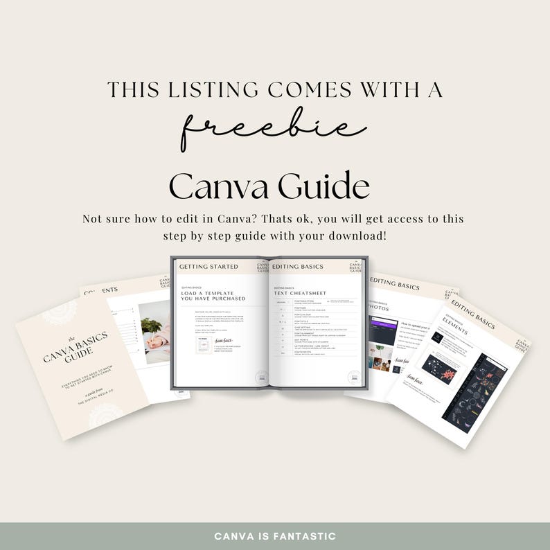 May include: A digital Canva guide with the text "Canva Guide" and "Canva Basics Guide". The image includes an open book and several pages with text and graphics. The text "This listing comes with a freebie" is at the top.