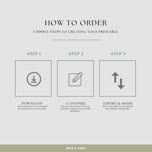 May include: A graphic with the text "HOW TO ORDER" and "3 SIMPLE STEPS TO CREATING YOUR PRINTABLE." The steps are "DOWNLOAD," "CUSTOMIZE," and "EXPORT & SHARE," each with an icon and description. The bottom reads "NICE & EASY."
