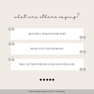 Peut inclure: Un fond blanc avec un texte noir superpos&eacute; qui dit "what are others saying?" avec trois t&eacute;moignages clients entre guillemets. Les t&eacute;moignages disent "Beautiful designs every time!" "Really elevates my brand." et "Will use this template over and over again." Il y a cinq &eacute;toiles noires sous les t&eacute;moignages et le texte "KIND WORDS FROM OUR CUSTOMERS" en bas.