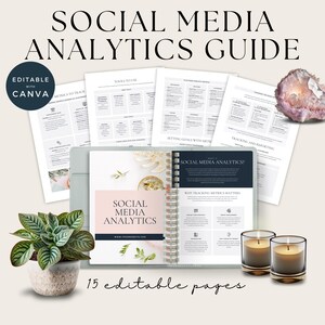 May include: A guide to social media analytics with 15 editable pages. The guide includes sections on metrics to track, tools to use, setting goals, tracking and reporting, and why tracking metrics matters. The guide is designed to be used with Canva.