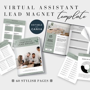 May include: A digital product mockup for a virtual assistant lead magnet template. The template includes a checklist, a welcome page, a Venn diagram, and a header page. The template is editable with Canva and includes 60 stylish pages.