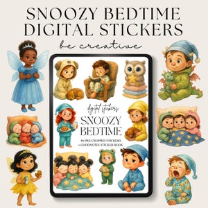 Bedtime Snoozy Digital Stickers, Nighttime Goodnotes Sticker Book, Sleep Time Clipart, Cartoon Scrapbook PNGs, Sleepy Digital Decor