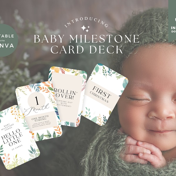 Baby Milestone Cards, Floral Newborn Photo Prop Cards, Printable Welcome To The World Photography Deck, Baby's First Cards, One Month Old