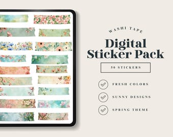 May include: A digital sticker pack with 50 floral themed stickers. The stickers are in a variety of colors and feature flowers, butterflies, and other spring-themed designs. The text "WASHI TAPE Digital Sticker Pack 50 STICKERS" is displayed on the image. The text "FRESH COLORS SUNNY DESIGNS SPRING THEME" is also displayed on the image.