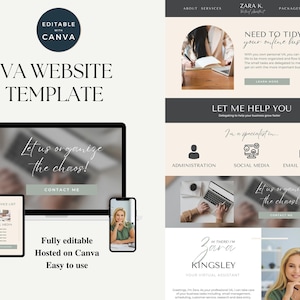 Può includere: Un modello di sito web per assistenti virtuali, con uno sfondo grigio chiaro, un'intestazione e un piè di pagina marrone chiaro. L'intestazione include il testo "ZARA K. Assistente Virtuale" e il testo "HAI BISOGNO DI METTERE IN ORDINE? La tua attività online". Il piè di pagina include il testo "CIAO, SONO ZARA KINGSLEY IL TUO ASSISTENTE VIRTUALE". L'area di contenuto principale presenta uno sfondo marrone chiaro con il testo "LASCIA CHE TI AIUTI Delegare per aiutare la tua attività a crescere più velocemente" e il testo "Sono specializzata in..." con tre icone che rappresentano l'amministrazione, i social media e il marketing via email. Il modello è completamente modificabile e ospitato su Canva.