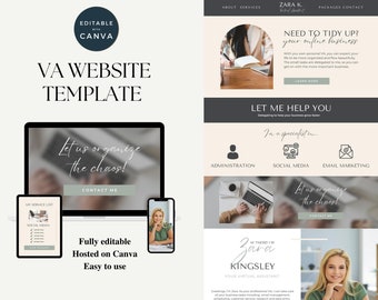 May include: A website template for virtual assistants, featuring a light gray background with a light brown header and footer. The header includes the text "ZARA K. Virtual Assistant" and the text "NEED TO TIDY UP? Your Online Business". The footer includes the text "HI THERE I'M ZARA KINGSLEY YOUR VIRTUAL ASSISTANT". The main content area features a light brown background with the text "LET ME HELP YOU Delegating to help your business grow faster" and the text "I'm a specialist in..." with three icons representing administration, social media, and email marketing. The template is fully editable and hosted on Canva.