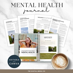 May include: A mental health journal with the title "Mental Health Journal" in a handwritten font. The journal is open to a page titled "Understanding Mental Health" with a photo of a woman. The journal is surrounded by other pages with text and a cup of coffee.