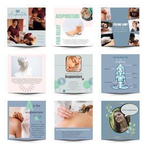 May include: A collection of nine Instagram-style images promoting acupuncture. The images feature a variety of designs, including a person receiving acupuncture, a diagram of the chakras, and a quote about acupuncture. The text in the images includes the words "Try Acupuncture", "Pain Relief", "Feeling Low?", "Just A Few Benefits Of Acupuncture", "Learning About Your Chakras", and "I Love Acupuncture".