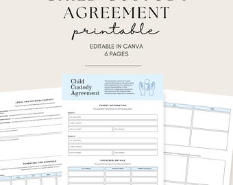 Child Custody Agreement Template | 6 Page Custody Contract Printable | Parenting Plan Divorce Agreement | Editable PDF