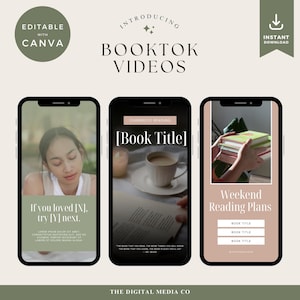 May include: A digital graphic promoting BookTok videos. The image features three smartphones displaying content related to reading. Text includes "Introducing BookTok Videos," "Editable with Canva," and "Instant Download."