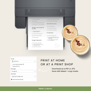 May include: A printable checklist for planning a home renovation project. The checklist includes sections for material purchase, hiring professionals, design and blueprint, and preparation. The checklist is printed on a white sheet of paper and is surrounded by a grey printer and two bowls of soup.