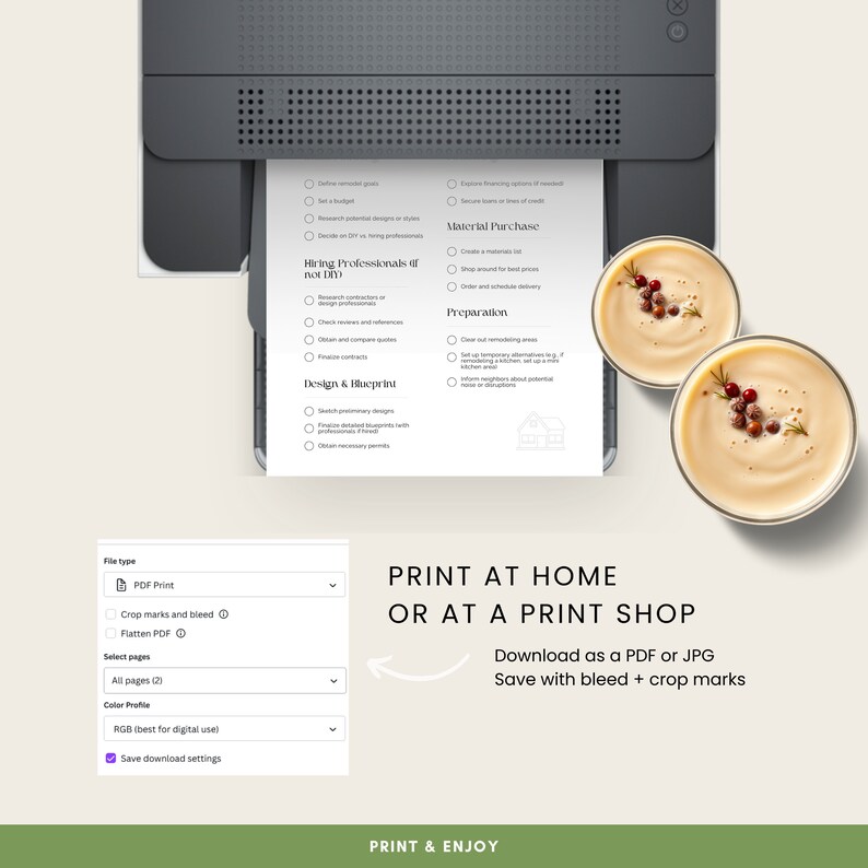 May include: A printable checklist for planning a home renovation project. The checklist includes sections for material purchase, hiring professionals, design and blueprint, and preparation. The checklist is printed on a white sheet of paper and is surrounded by a grey printer and two bowls of soup.