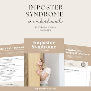 May include: A digital worksheet set titled "Imposter Syndrome Worksheet" with the text "Editable in Canva, 30 Pages." The cover features the title and a woman peeking from behind a wooden door. Additional pages are visible.