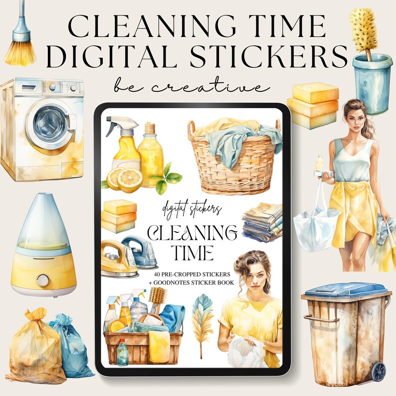 May include: A digital sticker set with a watercolor illustration theme of cleaning supplies, laundry, and household items. The set includes 40 pre-cropped stickers and a Goodnotes sticker book. The text on the image reads "Cleaning Time Digital Stickers be creative digitat stekers CLEANING TIME 40 PRE-CROPPED STICKERS + GOODNOTES STICKER BOOK".