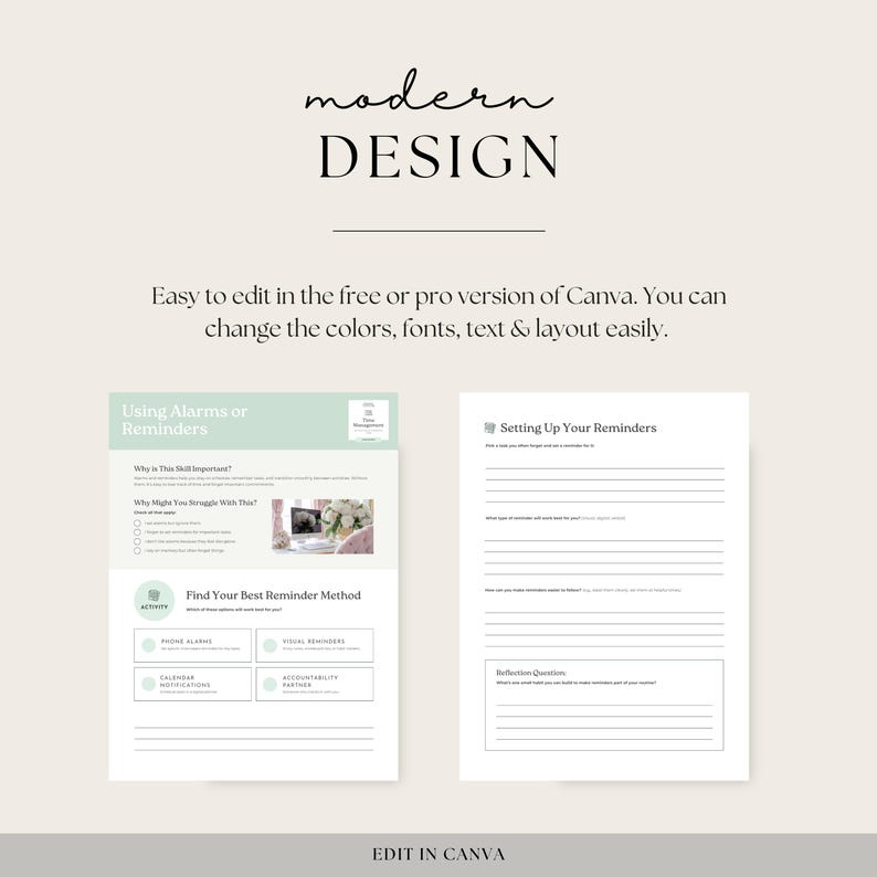 Peut inclure: Deux feuilles de travail imprimables avec un sch&eacute;ma de couleurs vert et blanc. La premi&egrave;re feuille de travail est intitul&eacute;e "Utiliser des alarmes ou des rappels" et comprend une section intitul&eacute;e "Trouver votre meilleure m&eacute;thode de rappel". La deuxi&egrave;me feuille de travail est intitul&eacute;e "Configurer vos rappels". Les deux feuilles de travail ont une section pour les questions de r&eacute;flexion.