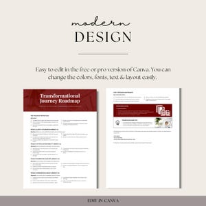 May include: A digital design template with the words "modern DESIGN" at the top. The template includes a "Transformational Journey Roadmap" and other design elements. Text on the template says "Easy to edit in the free or pro version of Canva."