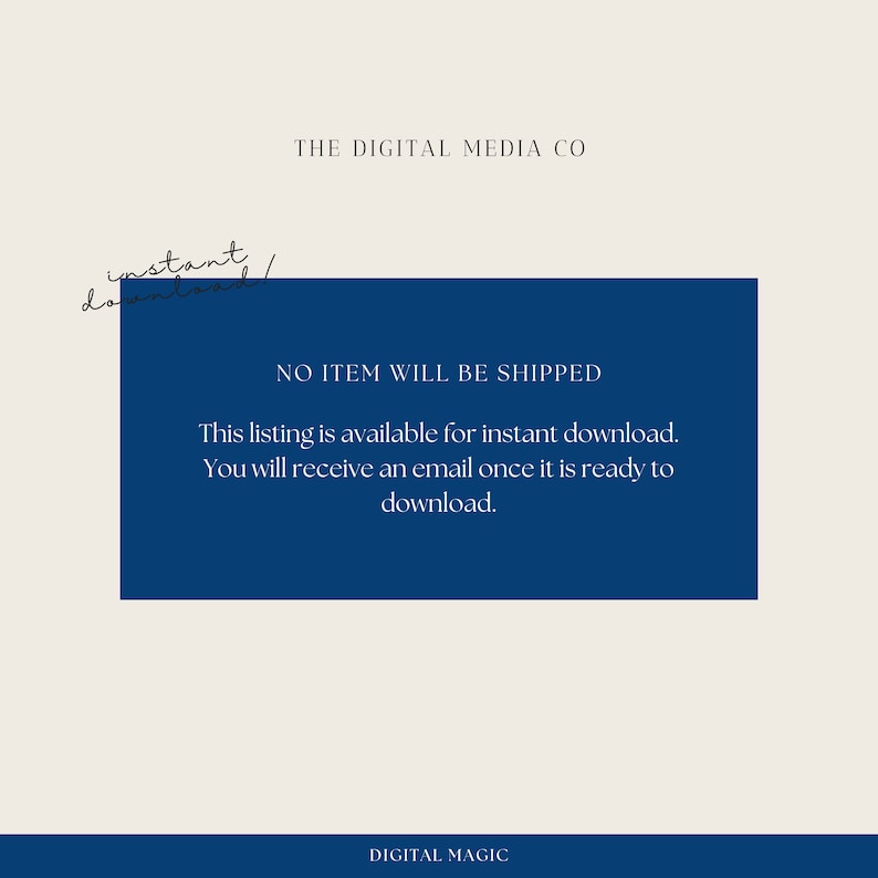 Puede incluir: Un rect&aacute;ngulo azul con texto blanco que dice "THE DIGITAL MEDIA CO" en la parte superior y "NO ITEM WILL BE SHIPPED" en la parte superior del rect&aacute;ngulo. El texto debajo dice "This listing is available for instant download. You will receive an email once it is ready to download." y "DIGITAL MAGIC" en la parte inferior.