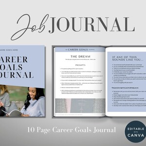 Może przedstawiać: 10-stronicowy dziennik celów zawodowych z niebiesko-białą okładką. Okładka zawiera tekst "Career Goals Journal" i słowa "Job Journal" w ozdobnym, pochylonym kroju pisma. Dziennik ma pomóc w zidentyfikowaniu celów zawodowych i opracowaniu planu ich realizacji.
