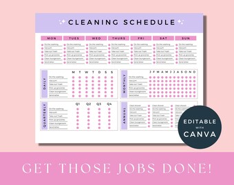 May include: A printable cleaning schedule checklist with a pink and purple color scheme. The checklist includes daily, weekly, monthly, quarterly, and annual tasks. The tasks include doing the laundry, vacuuming, taking out the trash, picking up groceries, cleaning the lounge room, and sending letters. The checklist is editable with Canva.