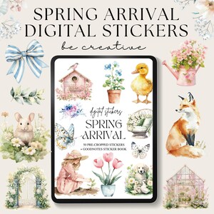 Puede incluir: Un conjunto de pegatinas digitales con temática primaveral. La imagen presenta una tableta que muestra varias ilustraciones en acuarela, incluyendo un conejito, un patito, un zorro y flores. El texto en la tableta dice "SPRING ARRIVAL DIGITAL STICKERS".