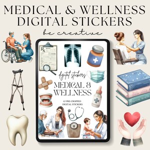 May include: A digital sticker set with 63 pre-cropped images related to medical and wellness. The stickers feature illustrations of medical equipment, healthcare professionals, and wellness concepts. The set includes a stethoscope, a scale, a tooth, a pill bottle, a bandage, a heart, a wheelchair, a walker, a prescription pad, a chest x-ray, a medical mask, a baby, a doctor, a nurse, and books on mental health.