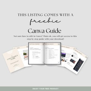 Puede incluir: Imagen de una Gu&iacute;a de Canva con el texto "THIS LISTING COMES WITH A freebie Canva Guide". La gu&iacute;a incluye p&aacute;ginas con los t&iacute;tulos "Getting Started", "Editing Basics" y "Elements". La gu&iacute;a es un tutorial paso a paso.