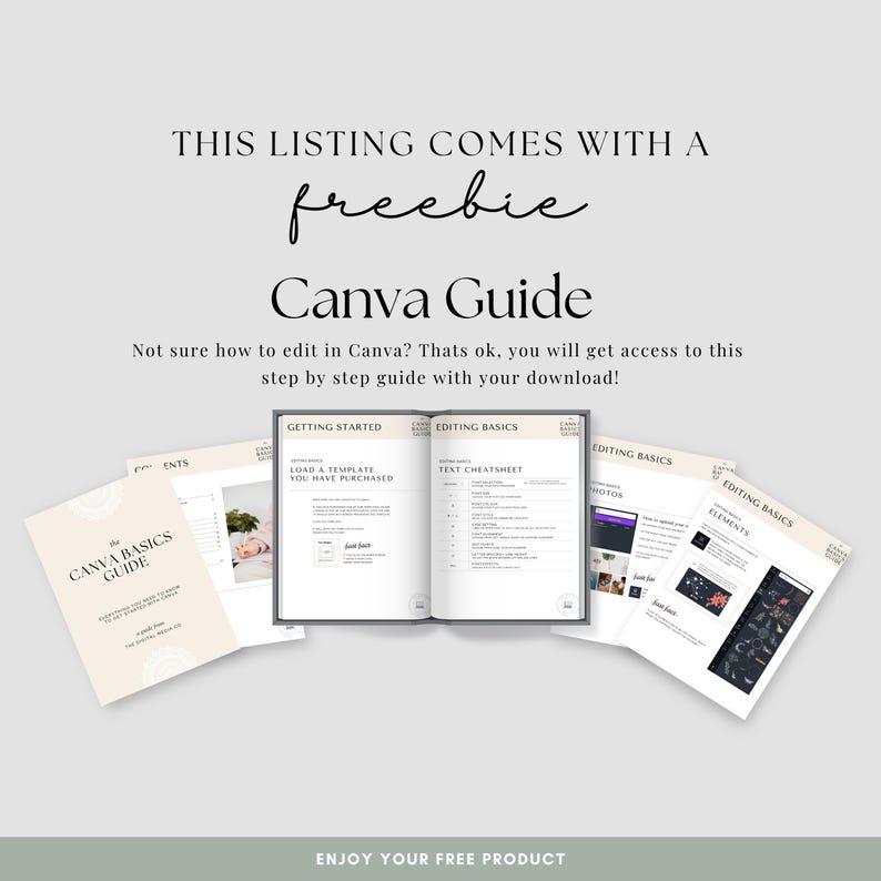 Puede incluir: Imagen de una Gu&iacute;a de Canva con el texto "THIS LISTING COMES WITH A freebie Canva Guide". La gu&iacute;a incluye p&aacute;ginas con los t&iacute;tulos "Getting Started", "Editing Basics" y "Elements". La gu&iacute;a es un tutorial paso a paso.