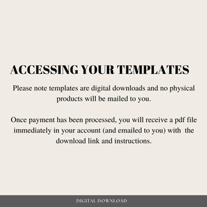 May include: Text on a white background explaining that templates are digital downloads and will be delivered via a PDF file with a download link and instructions.