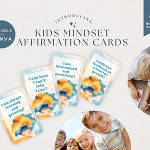 Kids Mindset Affirmation Cards Vorlage Canva, Positive Sätze für Kinder, druckbare Schulkarten, bearbeitbare Affirmations Deck