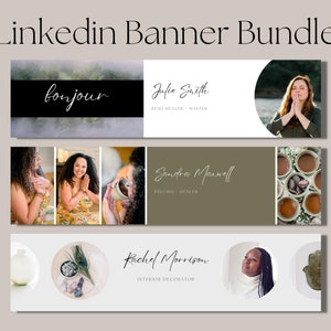 May include: Three LinkedIn banner templates with different backgrounds and text. The first banner has a watercolor background with the text "bonjour" and the name "Julie Smith" with the title "Reiki Healer - Master". The second banner has a green background with the text "Sandra Maxwell" and the title "Psychis Healer". The third banner has a white background with the text "Rachel Morrison" and the title "Interior Decorator".
