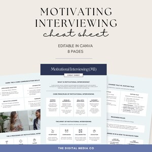 May include: A motivational interviewing cheat sheet with a blue background and white text. The cheat sheet includes information on the four core communication skills, the four processes of motivational interviewing, and the core principles of motivational interviewing. The cheat sheet also includes a section on change talk vs. sustain talk, readiness rules, and challenges in motivational interviewing and how to navigate them.