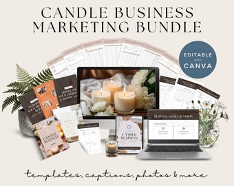 May include: A candle business marketing bundle with templates, captions, and photos. The image includes a laptop, computer monitor, and various printed materials. The text on the image says "Introducing Candle Business Marketing Bundle" and "Editable with Canva."