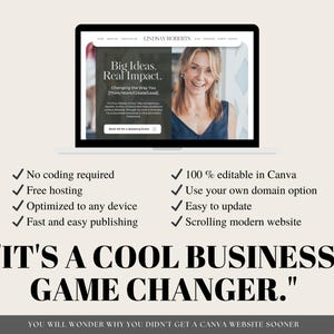 May include: A laptop screen displaying a website with the text "Big Ideas. Real Impact." and a woman's headshot. The website is described as "Changing the Way You Think/Work/Create/Lead."  The text "It's a Cool Business Game Changer." is displayed below the laptop.  A list of website features is displayed on either side of the laptop.