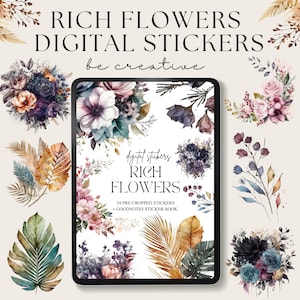 以下が含まれることがあります： デジタルタブレットには、花のイラストが描かれた「RICH FLOWERS DIGITAL STICKERS」が表示されています。画像には、さまざまな水彩画の花の配置、葉、および「be creative」というテキストが表示されています。タブレットには、54個のプレクロップステッカーとGoodNotesステッカーブックが表示されています。