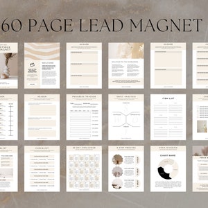K&ouml;nnte beinhalten: Ein 60-seitiger Lead-Magnet mit einem beige-braunen Farbschema. Die Seiten beinhalten &Uuml;berschriften, Checklisten, Fortschrittsverfolger, SWOT-Analysen, Artikelliste, 30-Tage-Herausforderungen, 3-Schritte-Prozesse, Venn-Diagramme und Abschnitte f&uuml;r Tools und Ressourcen.
