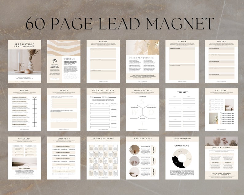 K&ouml;nnte beinhalten: Ein 60-seitiger Lead-Magnet mit einem beige-braunen Farbschema. Die Seiten beinhalten &Uuml;berschriften, Checklisten, Fortschrittsverfolger, SWOT-Analysen, Artikelliste, 30-Tage-Herausforderungen, 3-Schritte-Prozesse, Venn-Diagramme und Abschnitte f&uuml;r Tools und Ressourcen.