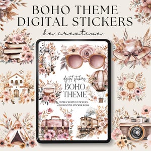 Könnte beinhalten: Ein digitaler Sticker-Set mit Boho-Thema. Die Sticker zeigen Illustrationen eines Heißluftballons, eines Zuges, eines Koffers, einer Kamera, eines Zeltes, einer Sonnenbrille, einer Kaffeetasse, einer Flasche, eines Hauses, einer Sonne und Blumen. Der Text "digitat stickers BOHO THEME 55 PRE-CROPPED STICKERS + GOODNOTES STICKER BOOK" ist im Bild enthalten.